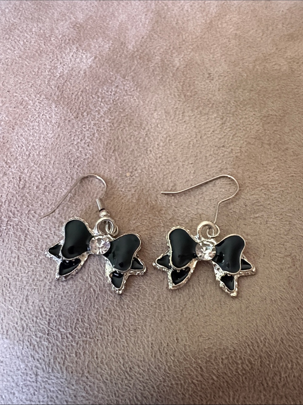 Black Bow Dangle Earrings with Rhinestone Accent